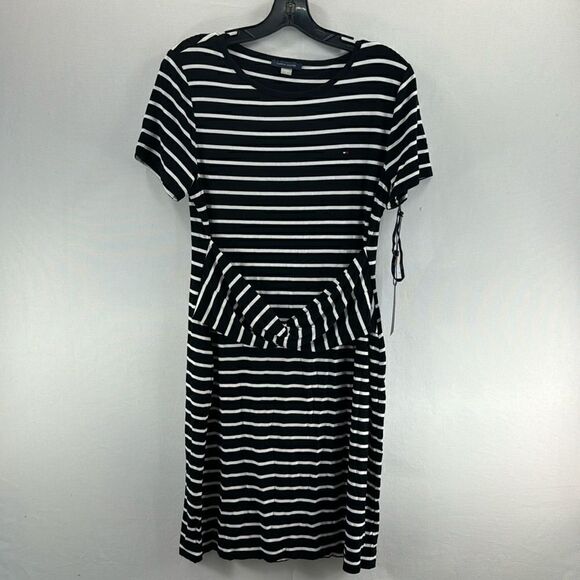 Tommy Hilfiger Boat Neck Twist Front Strip Dress- Black/White- Size M- NWT - Picture 1 of 7